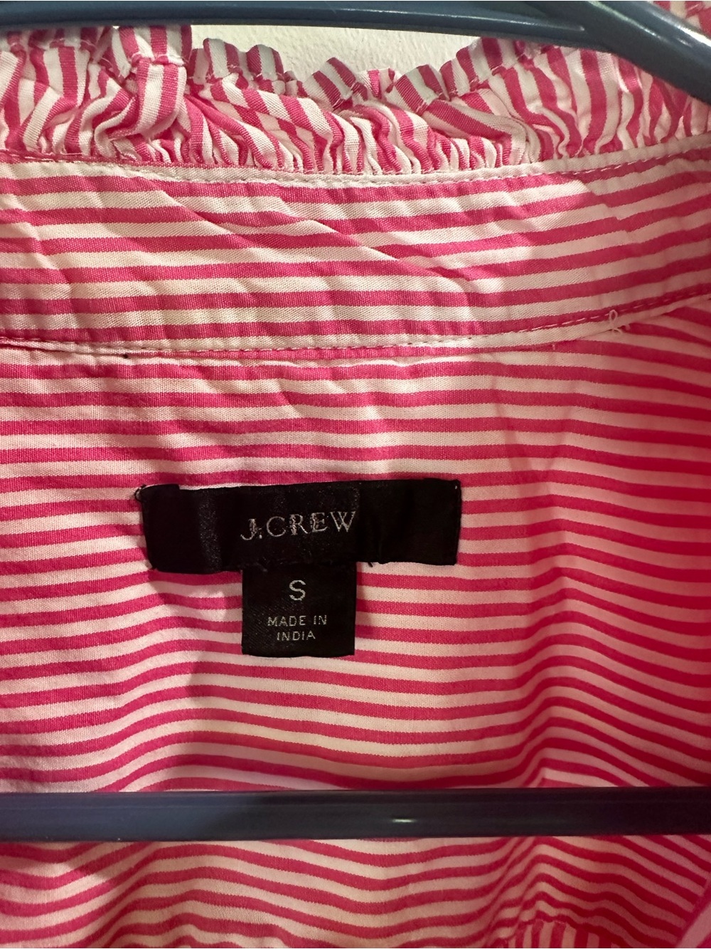 J.Crew Women’s Small Pink White Striped Ruffle Button Down Shirt Cottagecore - Picture 3 of 5